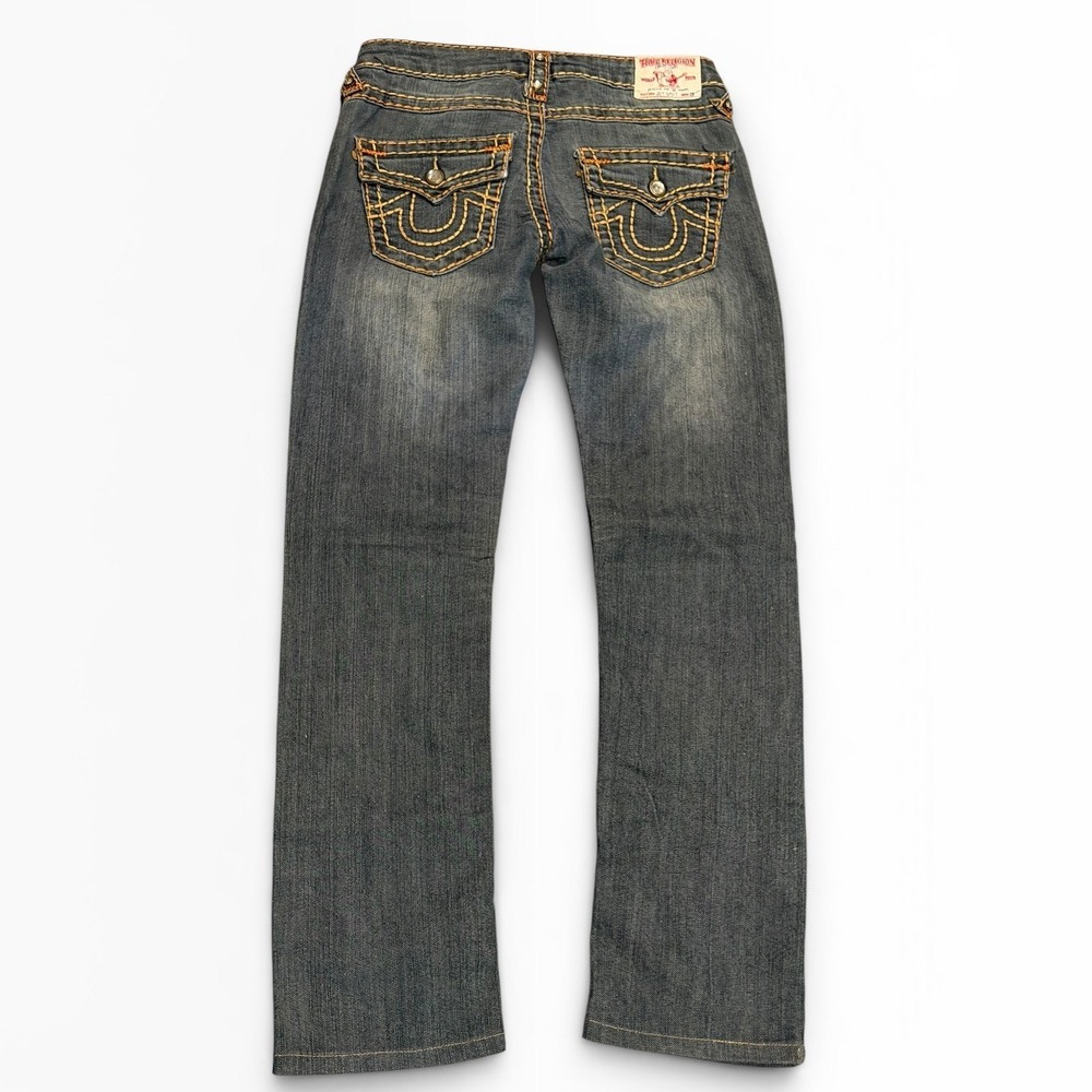 True Religion Joey Super T Straight Leg Jeans Orange Yellow Stitch BLING Y2K 26
